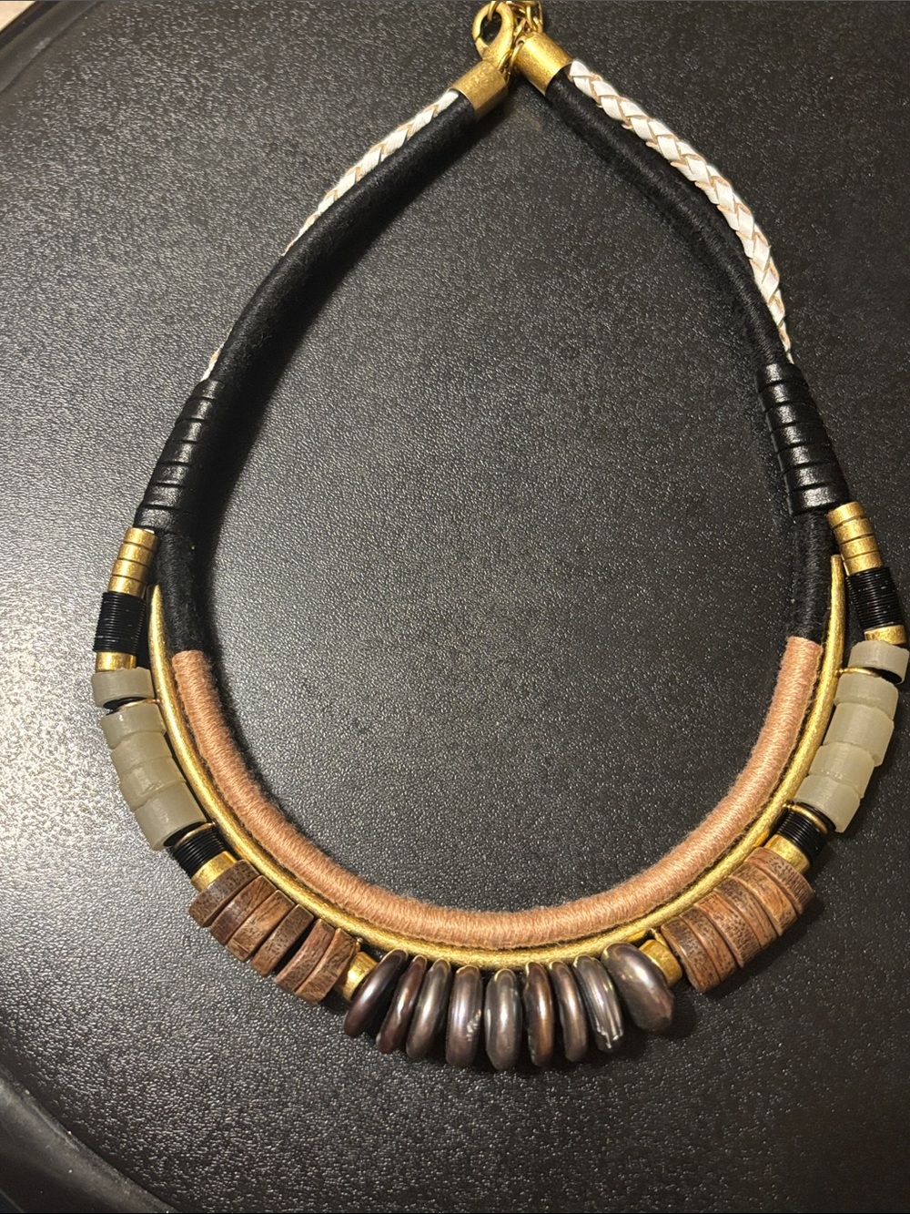 Retired Stella & Dot ALAY Statement Collar 18.5 in Pearl Wood Leather Necklace